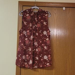 Burgundy Floral Mock Neck Sleeveless Blouse